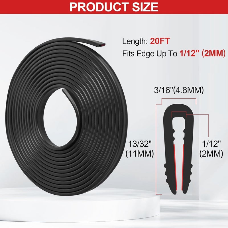 ToLanbbt حافة مطاطية على شكل U - 1/12" شريط معدني ذاتي اللصق لحماية الحواف، شريط ختم EPDM لأبواب السيارات، ألواح فولاذية، زجاج، فتحات، زوايا الطاولات، يناسب 1/12" (2 مم)، 20 قدم، أسود - Image 2